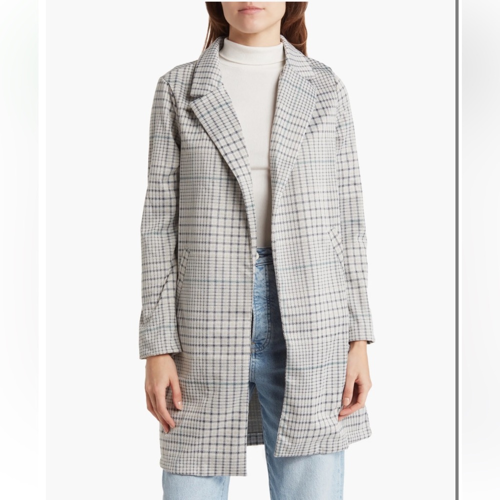Melloday Plaid Notch Lapel Open Front Trench Coat in Gray Plaid Small
